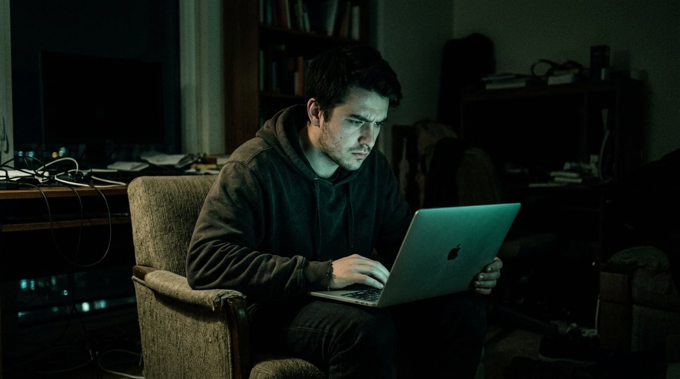 Apostador sozinho iluminado apenas pela luz fria da tela