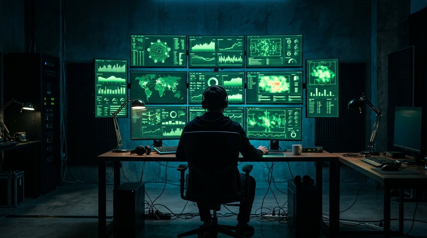 Sala de análise de dados com monitores verdes e um analista