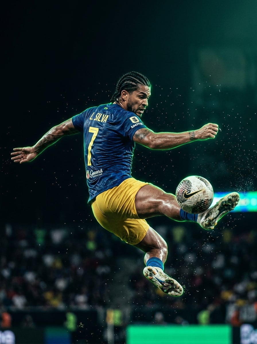 Jogador de futebol dominando a bola sob luz verde